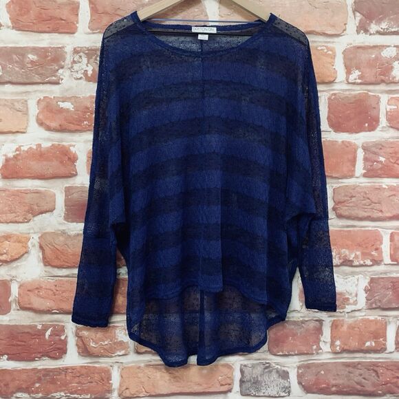 Cotton On Top Shirt Women's Medium Blue Textured Knit Striped Sheer Popover - Picture 6 of 8